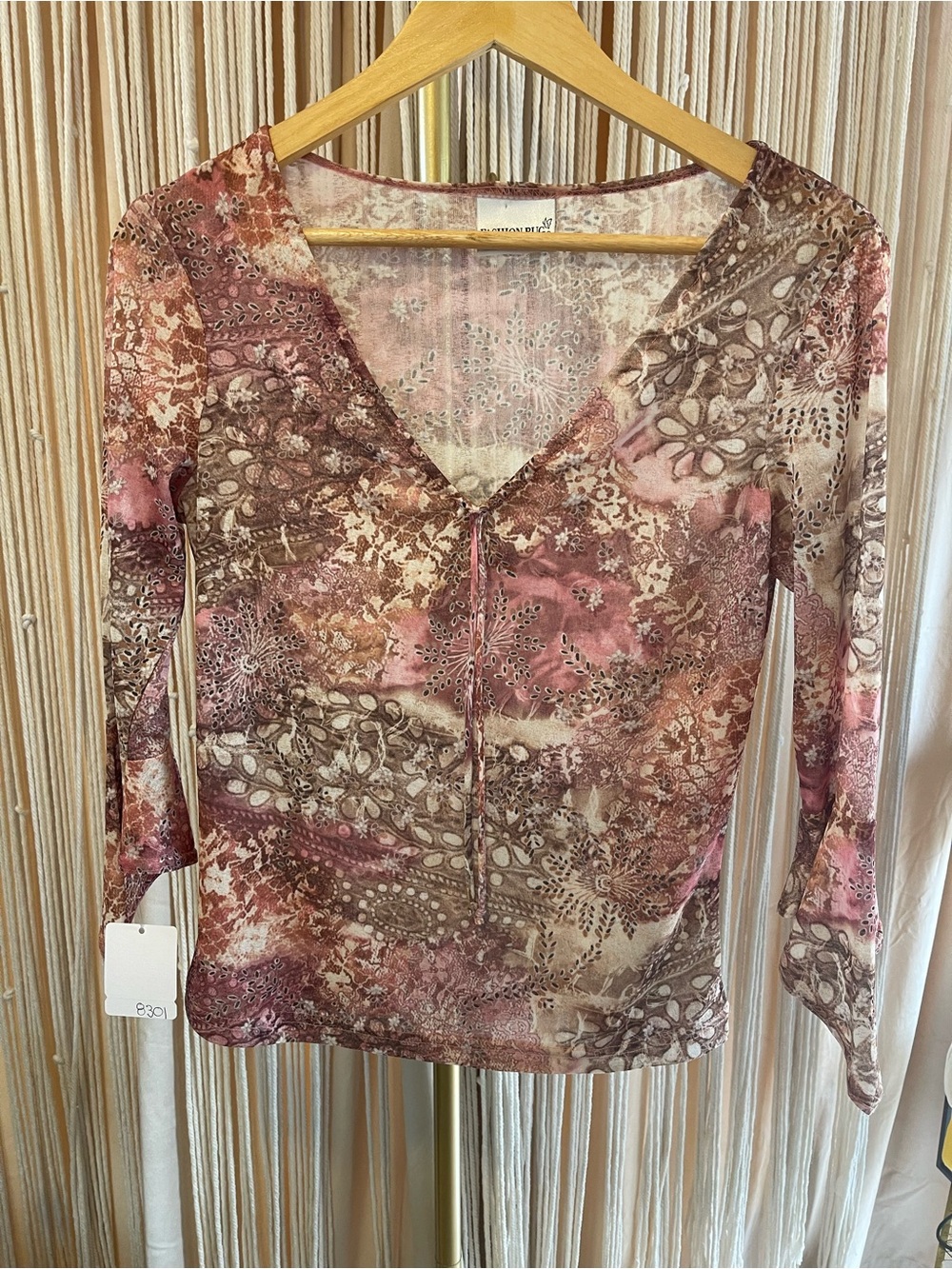 Vintage pink & brown sheer floral blouse by Fashion Bug Y2K/90s bell-sleeve top